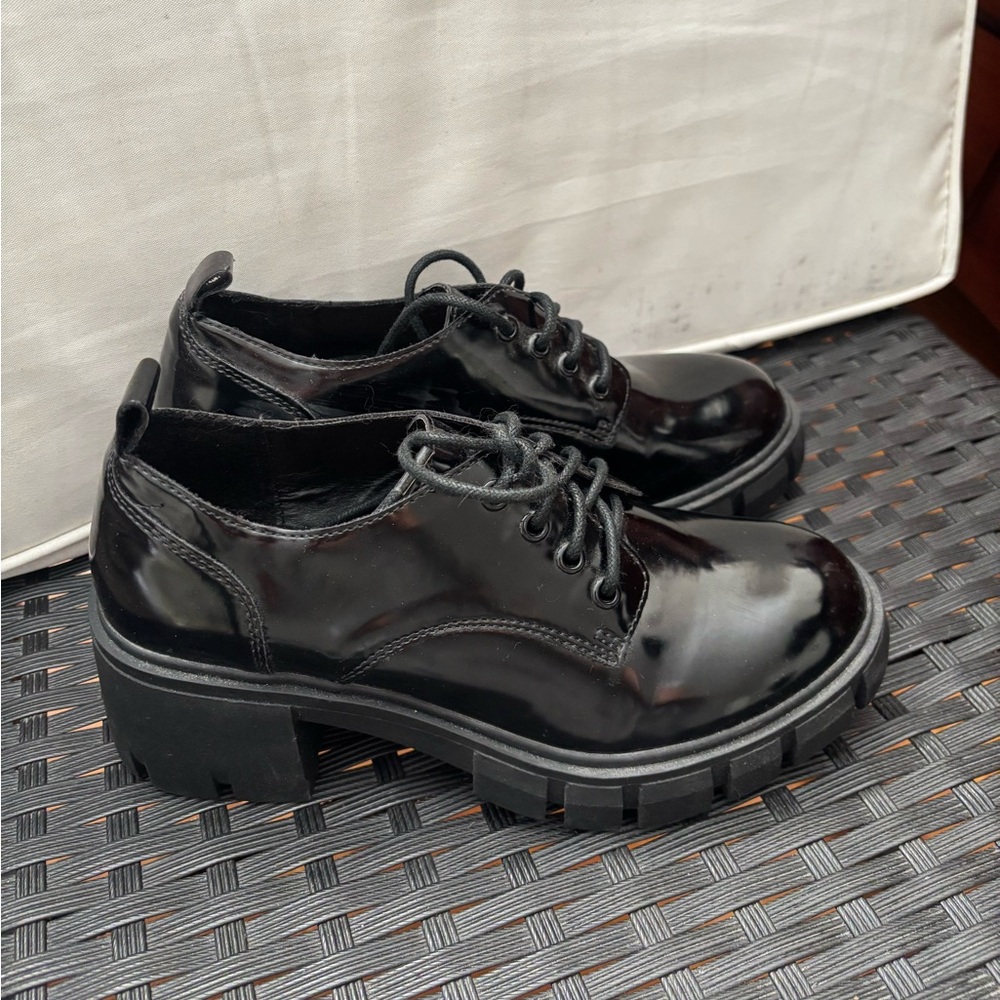 Madden Girl Black Patent Lace-Up Chunky Lug Heel Boots